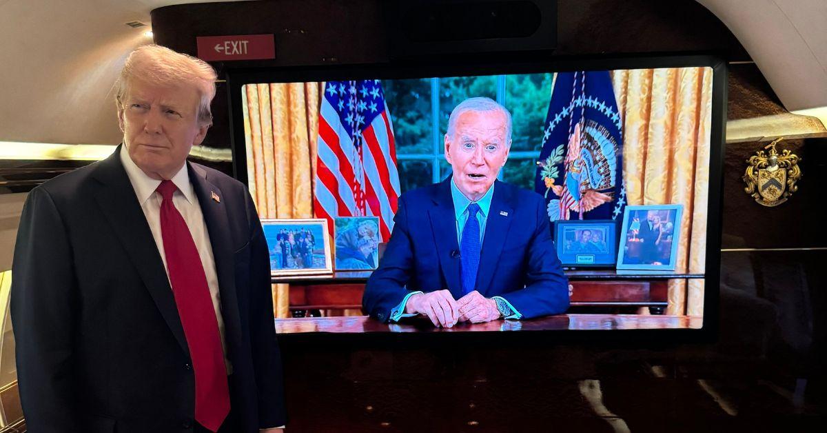 Photo of Donald Trump in front of Joe Biden on TV.