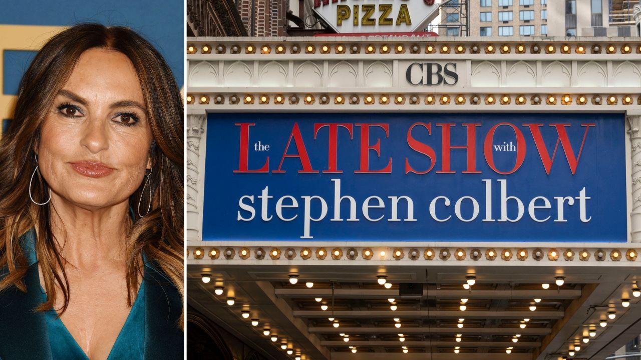 Photo of Mariska Hargitay and the 'Late Show' marquee banner.