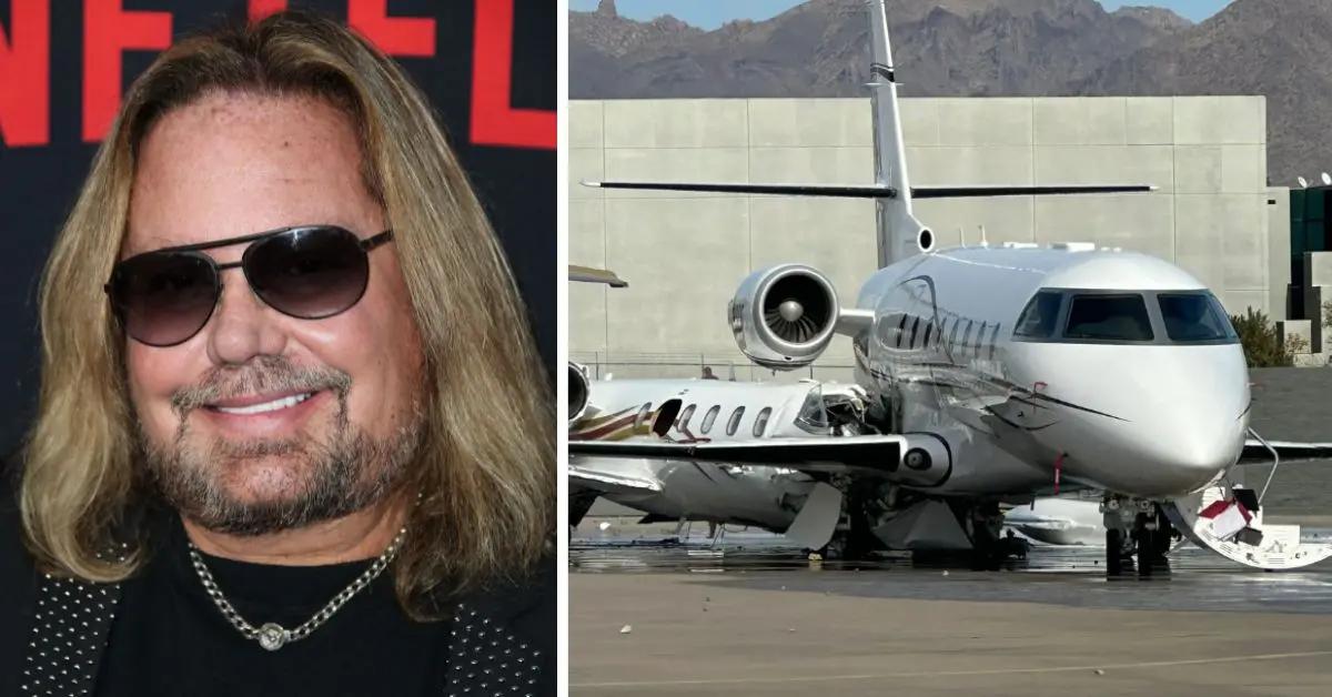 Photo of Vince Neil; picture of his private jet's crash.