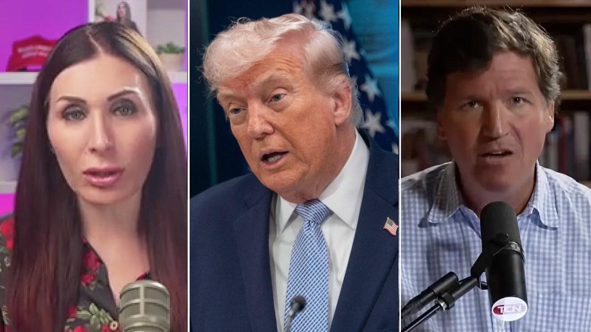 split of Laura Loomer, Donald Trump, Tucker Carlson. 