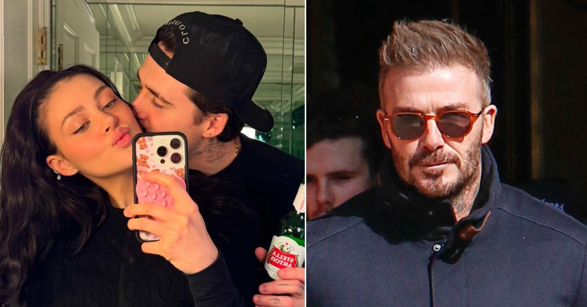 Photo of Nicola Peltz and Brooklyn Beckham; photo of David Beckham.