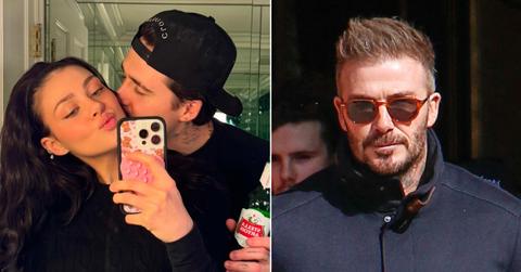 Photo of Nicola Peltz and Brooklyn Beckham; photo of David Beckham.