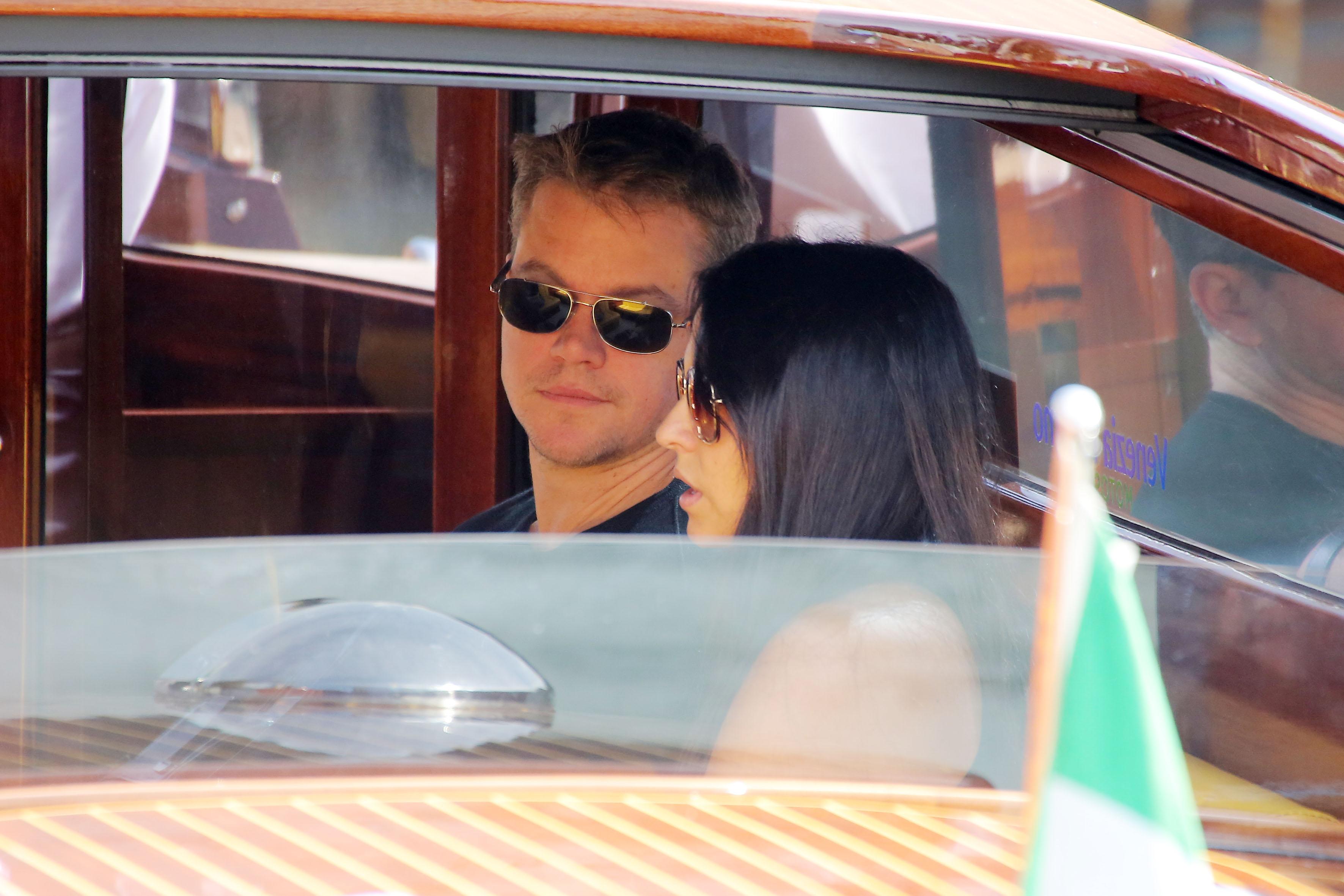 Matt Damon and Luciana Barroso arrive in Venice for the wedding of George Clooney