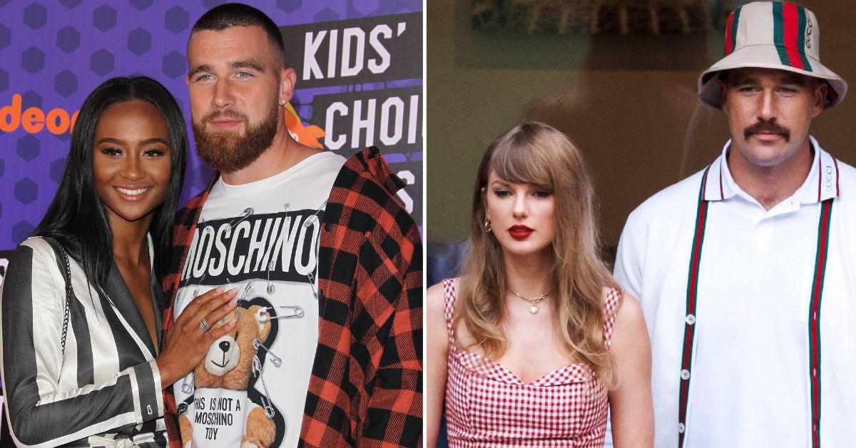 Composite photo of Kayla Nicole, Travis Kelce and Taylor Swift. 