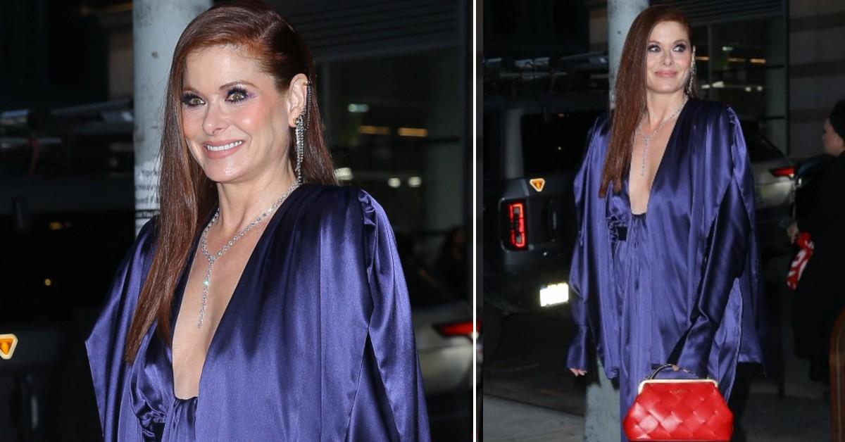 Debra Messing in plunging purple dress