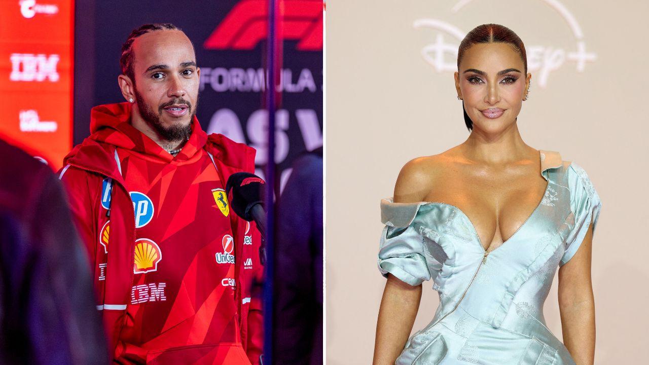 Split photo of Kim Kardashian and Lewis Hamilton.