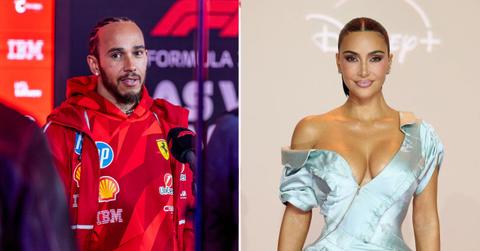 Split photo of Kim Kardashian and Lewis Hamilton.