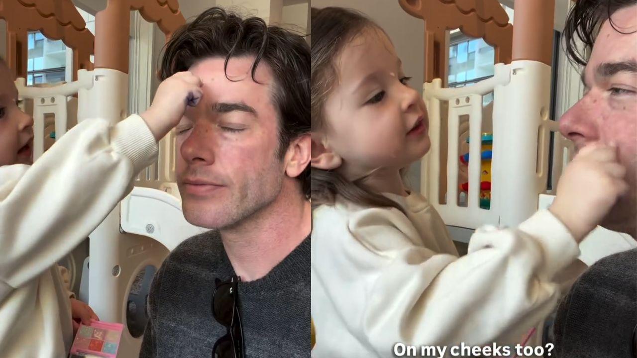 Image of John Mulaney laughed as Méi applied makeup to him.