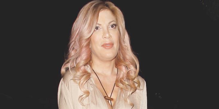 Actress Tori Spelling is seen walking into The Abbey lounge to film a reality show