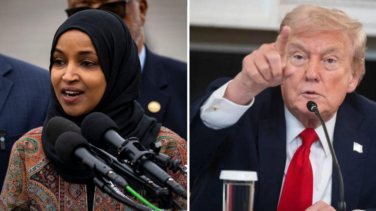 Split photo of Ilhan Omar and Donald Trump