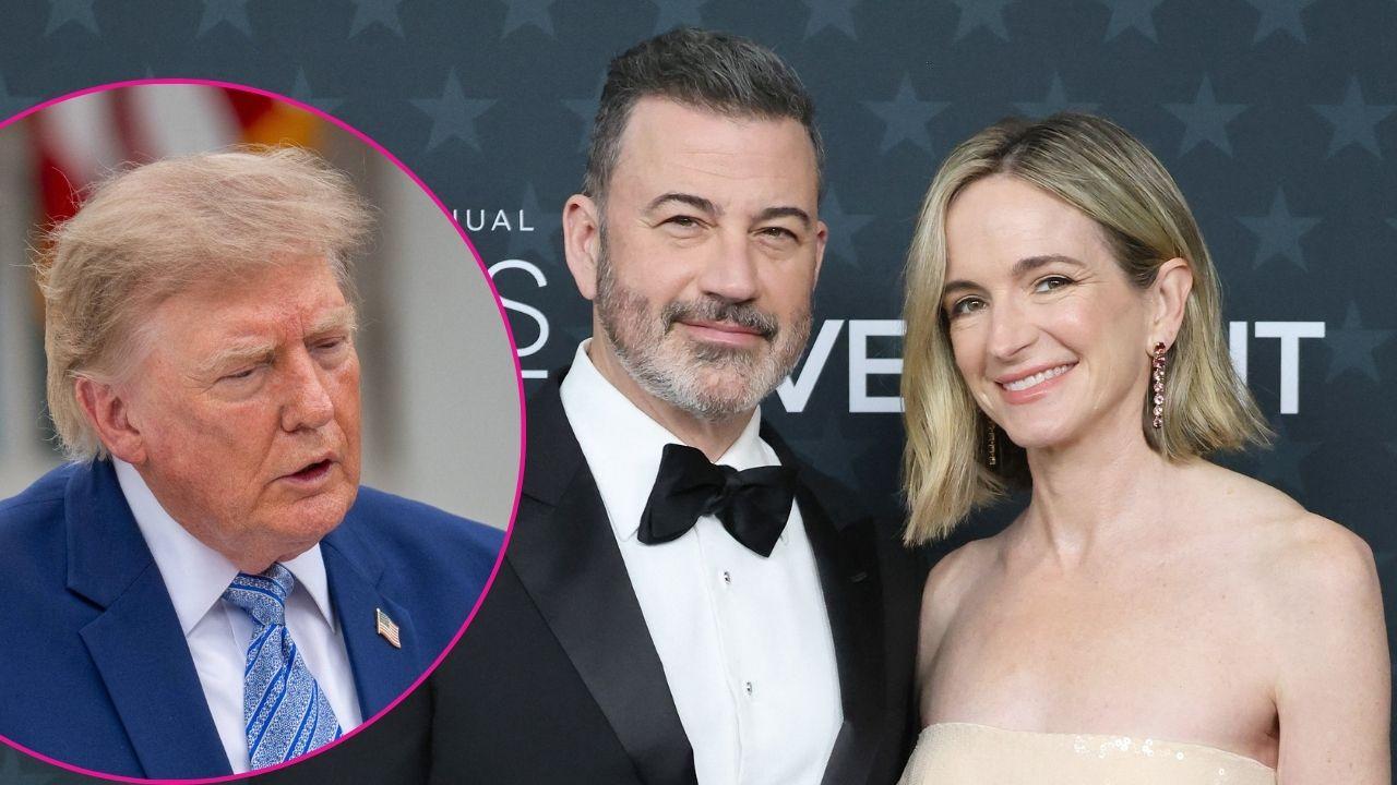 Composite photo of Donald Trump, Jimmy Kimmel and Molly McNearney.