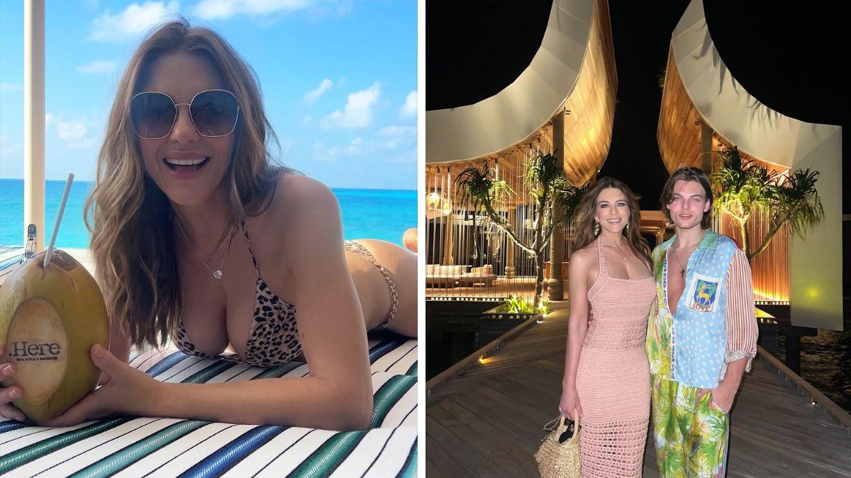 image of The actress' son, son Damian Hurley, joined her on the tropical trip.