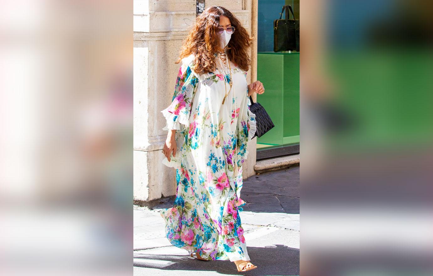 salma hayek wearing floral dress in rome