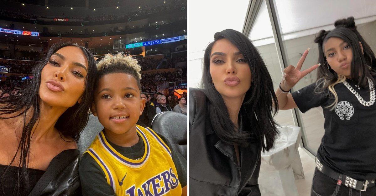 A photo of Kim Kardashian with Saint West and a picture of Kim with North West.