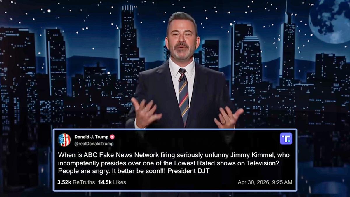 Image of Jimmy Kimmel frequently targets Donald Trump in his late-night monologues.