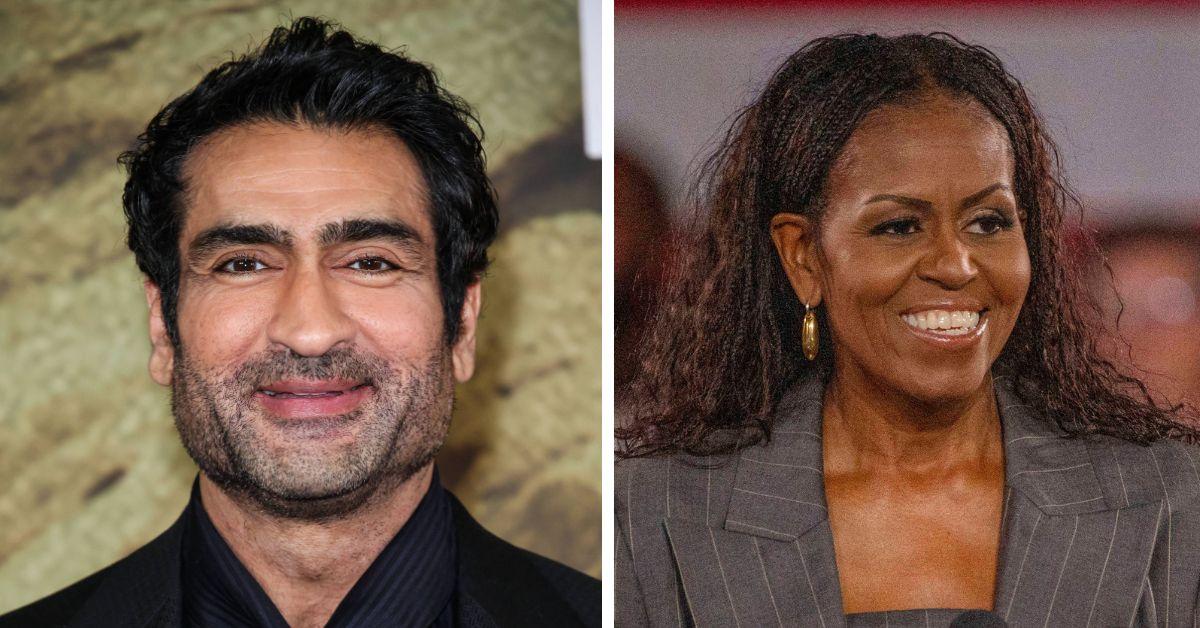 split photo of Kumail Nanjiani and michelle obama
