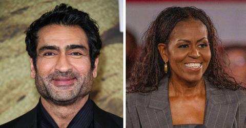 split photo of Kumail Nanjiani and michelle obama