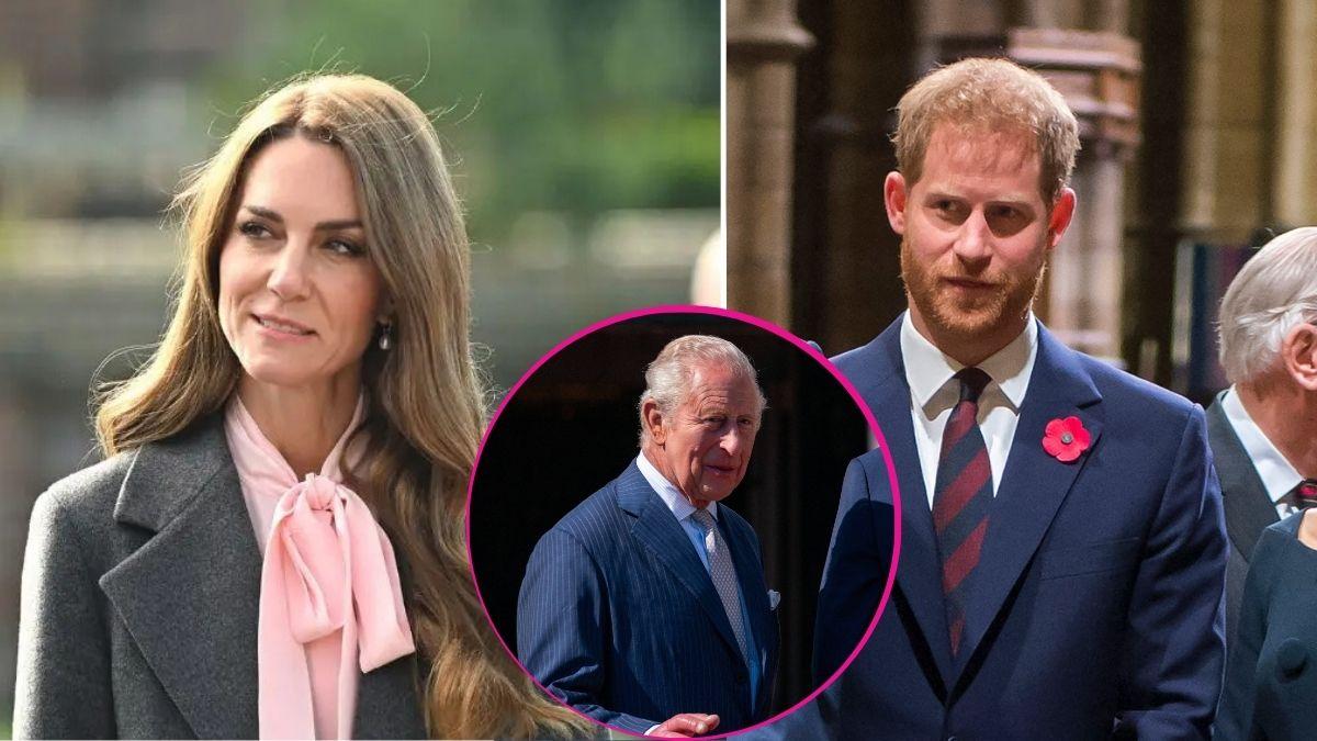 image split of Kate middleton, prince harry and King Charles