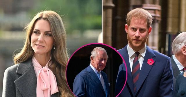 image split of Kate middleton, prince harry and King Charles