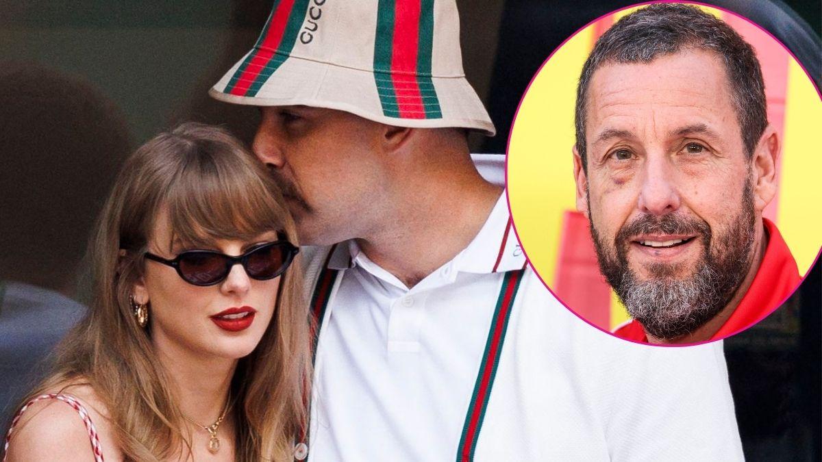 Split photo of Taylor Swift & Travis Kelce & Adam Sandler