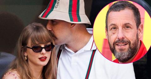 Split photo of Taylor Swift & Travis Kelce & Adam Sandler