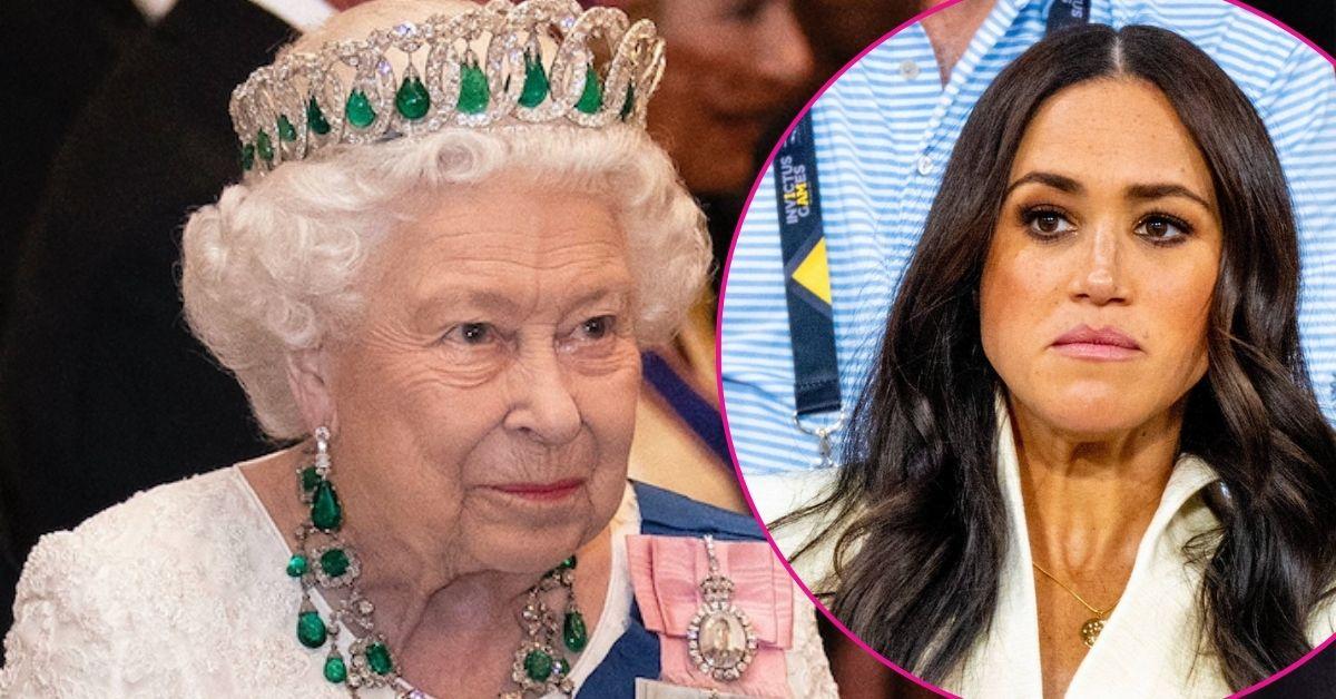 Photo of Queen Elizabeth, Meghan Markle. 