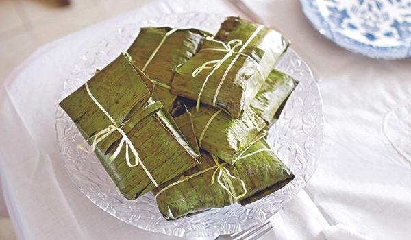 High angle view of pasteles on a dining table