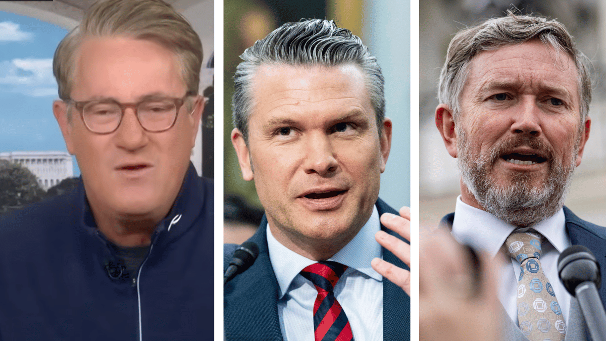 Split photo of Joe Scarborough, Pete Hegseth and Thomas Massie