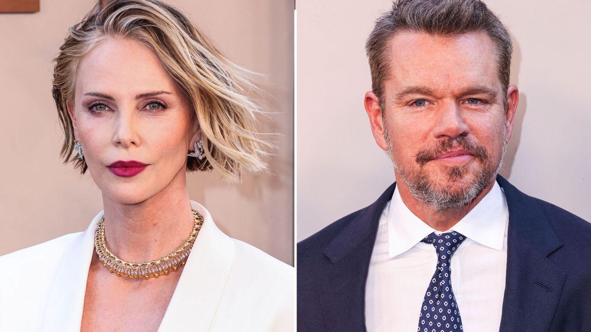 Split photo of Charlize Theron & Matt Damon