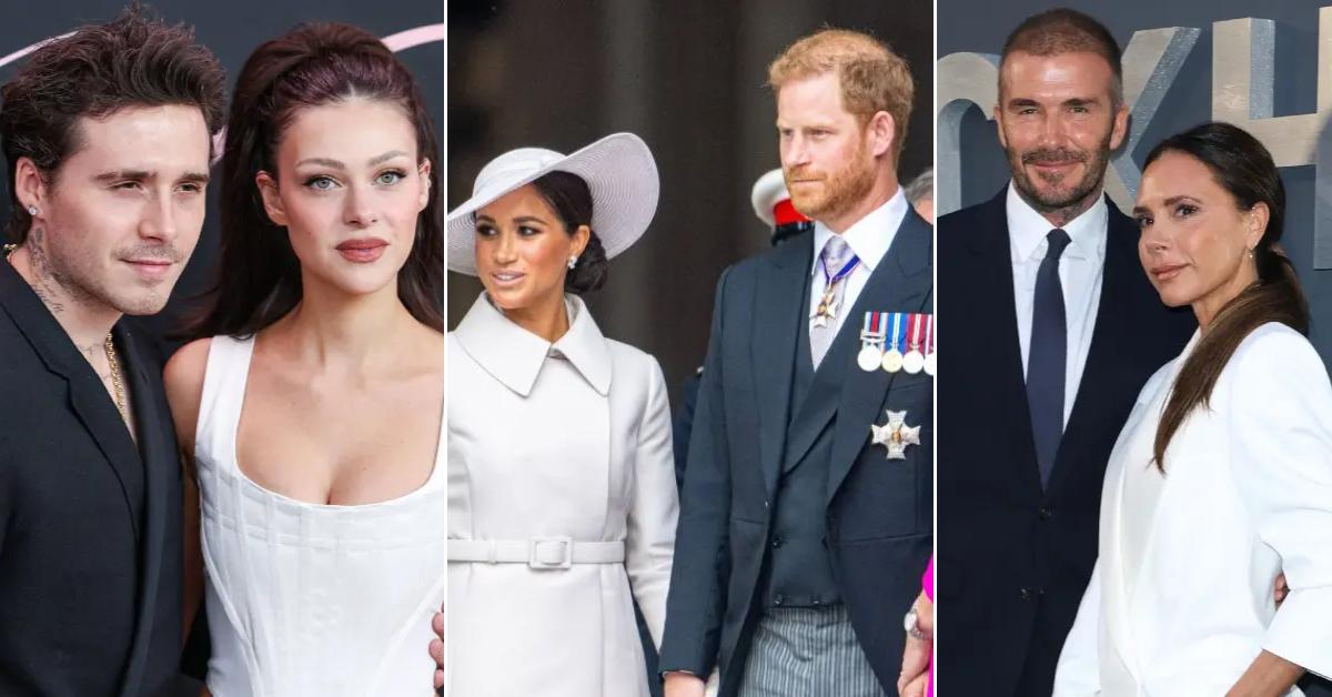 Photos of Brooklyn Beckham and Nicola Peltz; Meghan Markle and Prince Harry; David and Victoria Beckham.