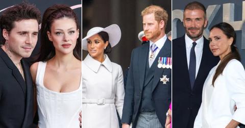 Photos of Brooklyn Beckham and Nicola Peltz; Meghan Markle and Prince Harry; David and Victoria Beckham.