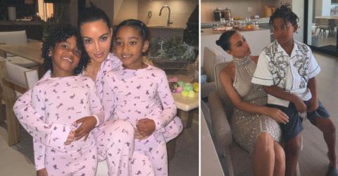 Photo of Kim Kardashian with Psalm and Chicago West and a photo of Kim with Saint West.
