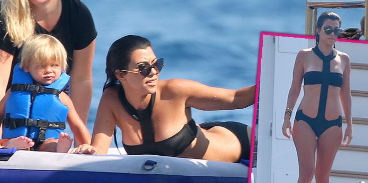 kourtney kardashian sexy black bikini vacation yacht photos