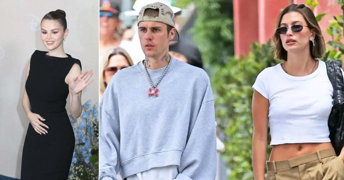 Composite photos of Selena Gomez, Justin Bieber and Hailey Bieber