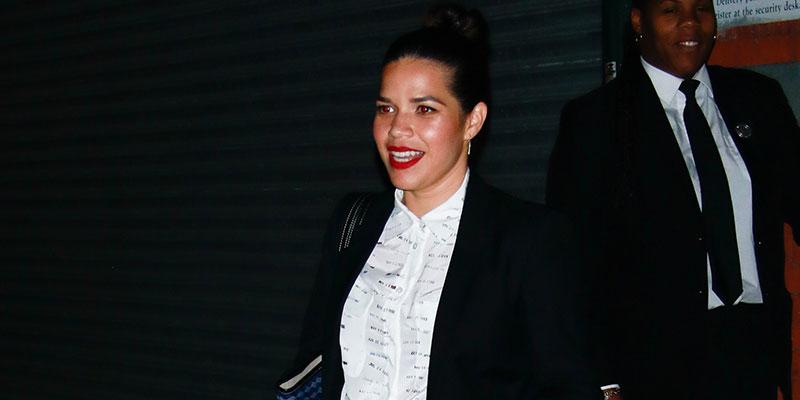 America ferrera post baby figure chic black suit heels main