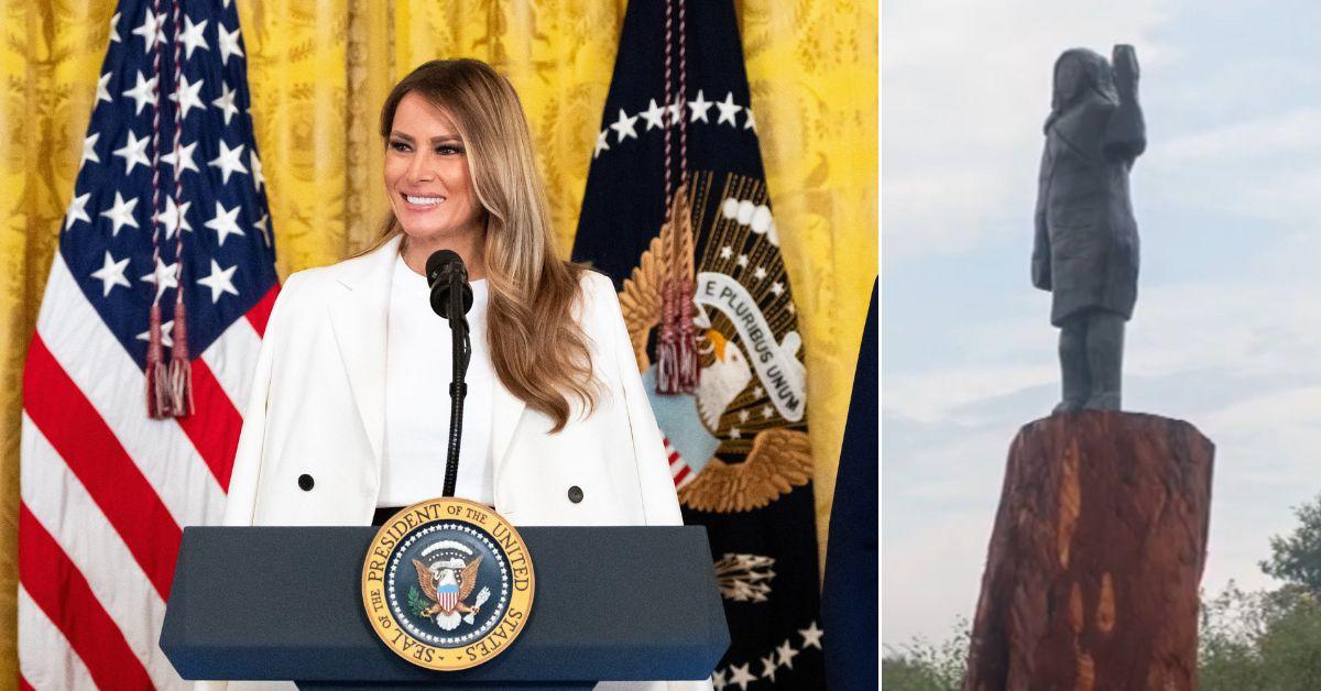 Photo of Melania Trump and  her bronze statue.