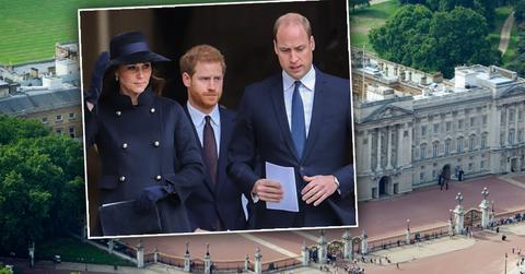 Inset of Kate, Prince Harry, Prince William; Buckingham Palalce: Buckingham Royal Staffer Pleads Guilty To Theft, Sold Stolen Goods For Thousands
