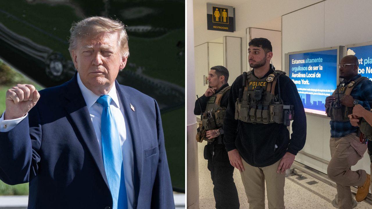 Split image of Donald Trump and ICE agents.
