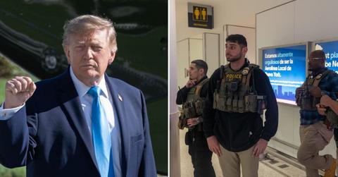 Split image of Donald Trump and ICE agents.