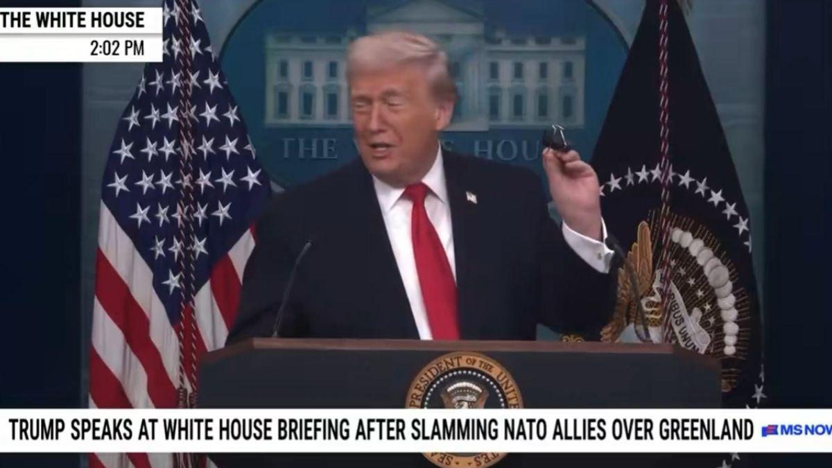 image of Donald Trump joked about nearly hurting his finger during a press briefing.