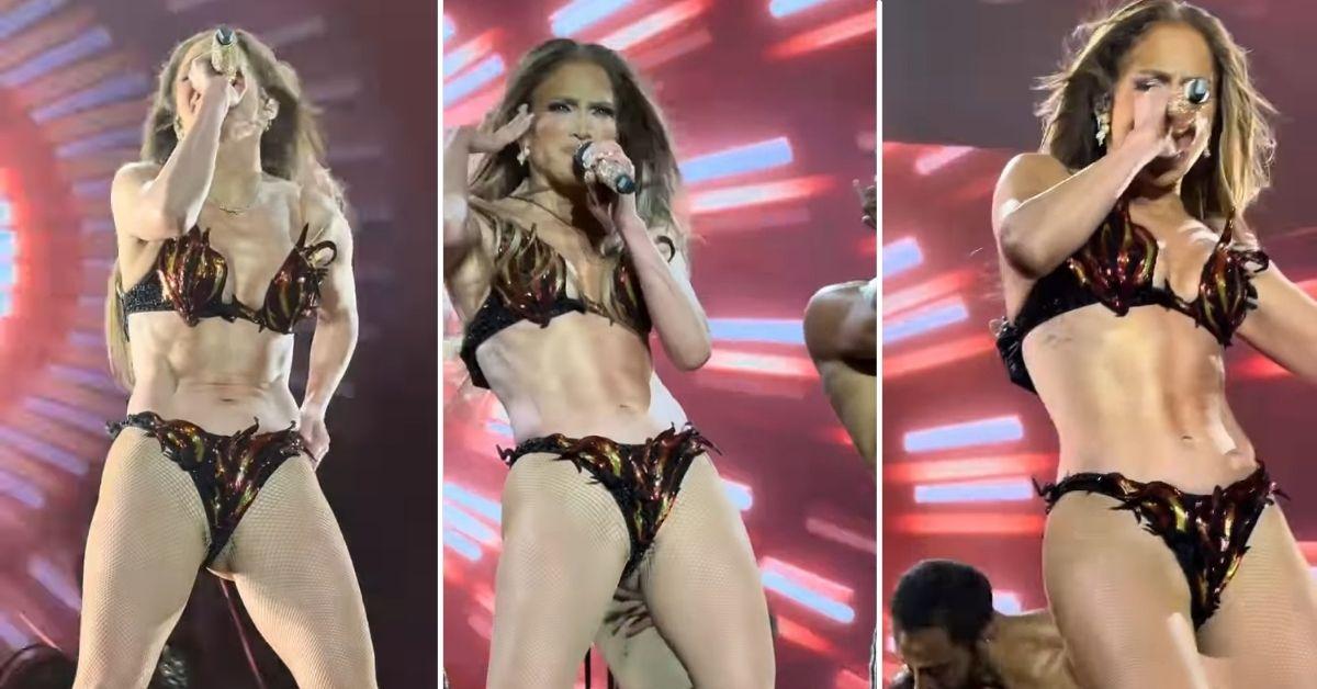Photo of Jennifer Lopez hyped up the crowd while wearing a fiery bra and thong.