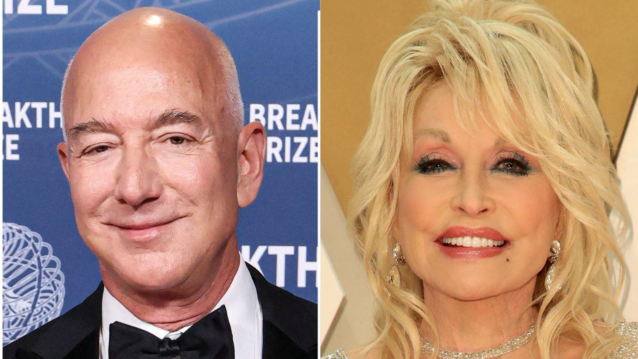 split image of Jeff Bezos and Dolly Parton