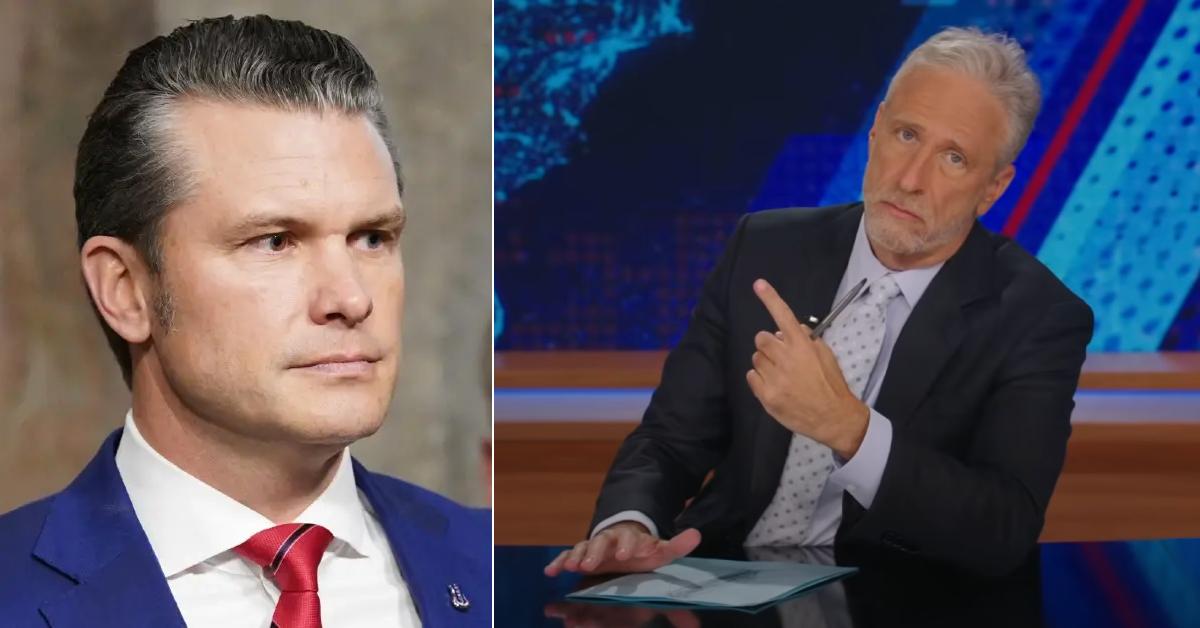 Photo of Pete Hegseth; picture of Jon Stewart.