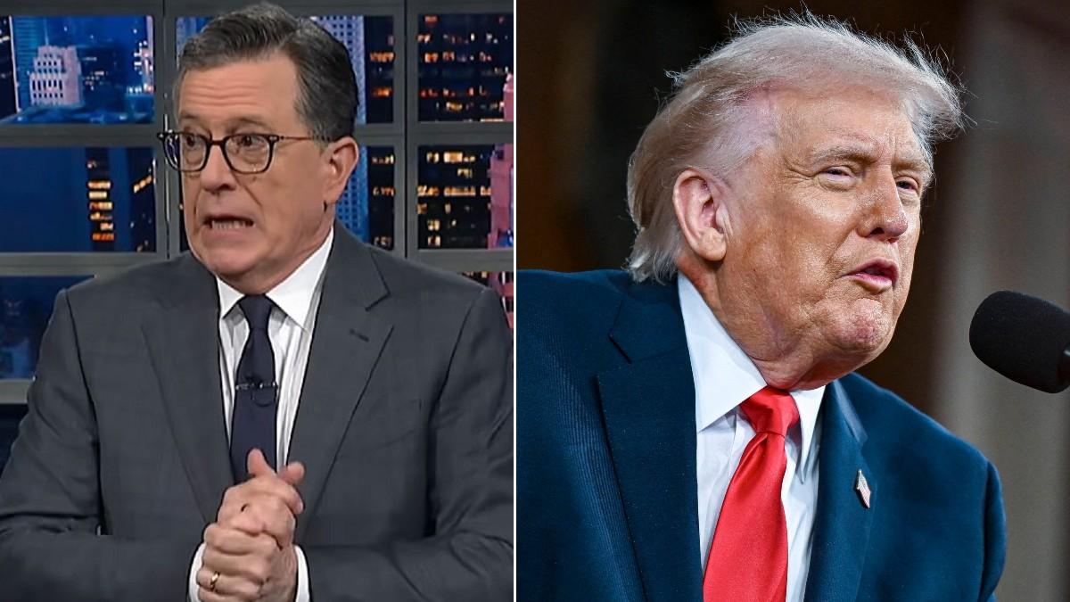 split photo of Stephen Colbert and Donald Trump. 