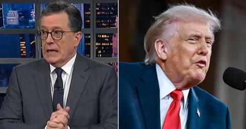 split photo of Stephen Colbert and Donald Trump.