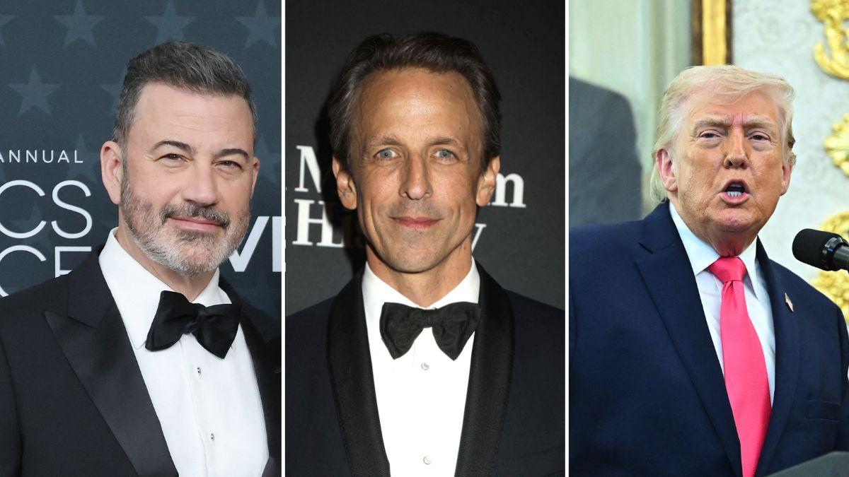 Composite photo of Jimmy Kimmel, Seth Meyers and Donald Trump.
