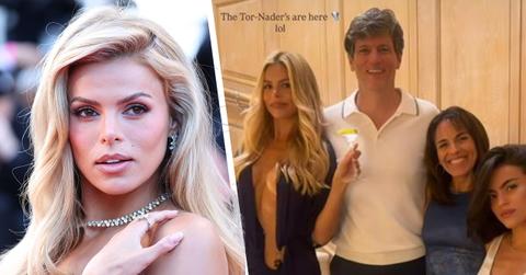 Image of Brooks Nader posed in a risqué dress for a photo with her dad.