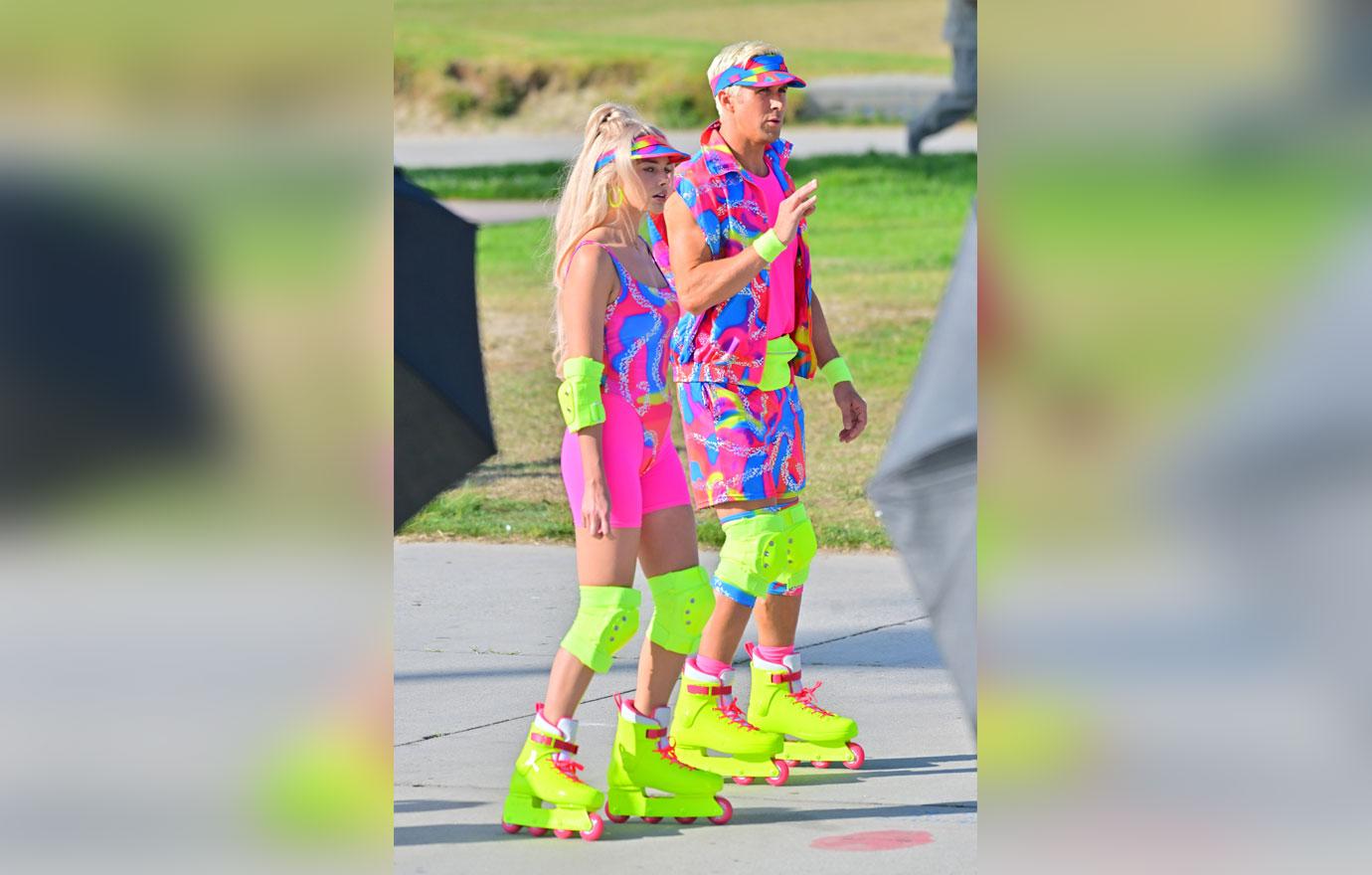 margot robbie and ryan gosling skate through a day of filming barbie in venice beach