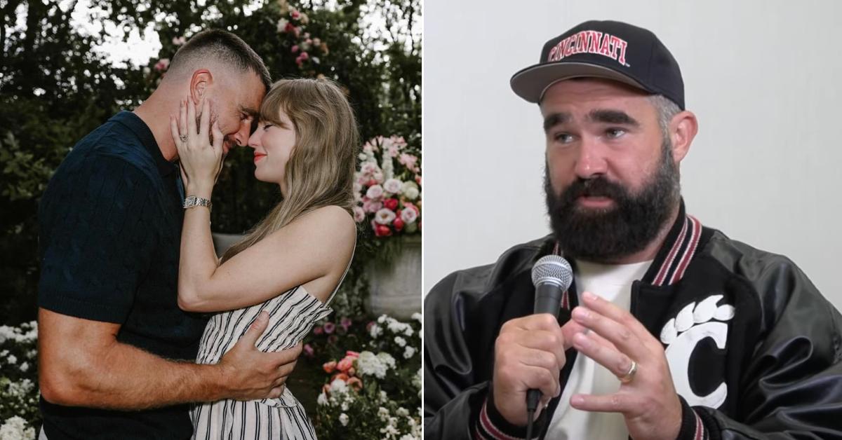 Photo of Travis Kelce and Taylor Swift; picture of Jason Kelce.