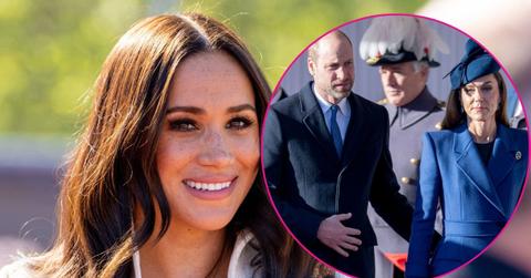 Split photo of Meghan Markle, Princess Kate and Prince William.